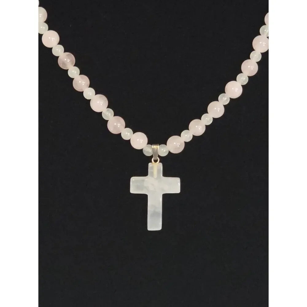 Rose Quartz Beaded Cross Pendant Necklace Silver Tone Toggle Clasp 22